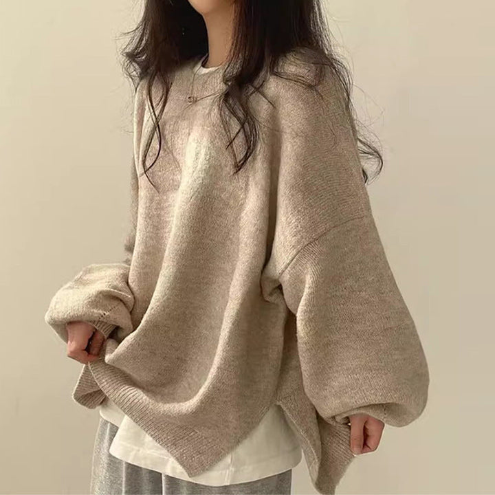 KIARA™ Pull Femme à Col Rond avec Épaules Tombantes et Ourlet Fendu
