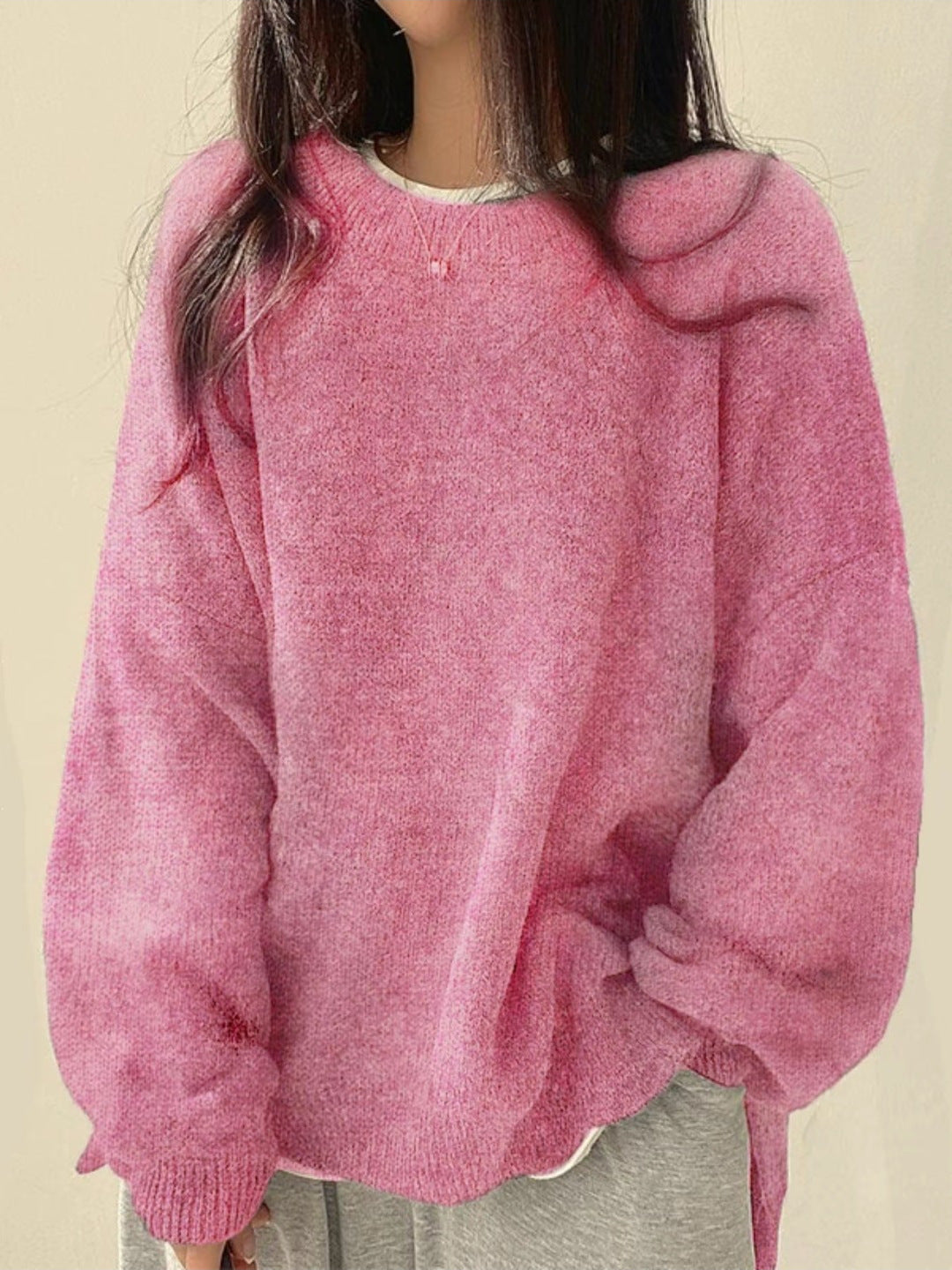 KIARA™ Pull Femme à Col Rond avec Épaules Tombantes et Ourlet Fendu