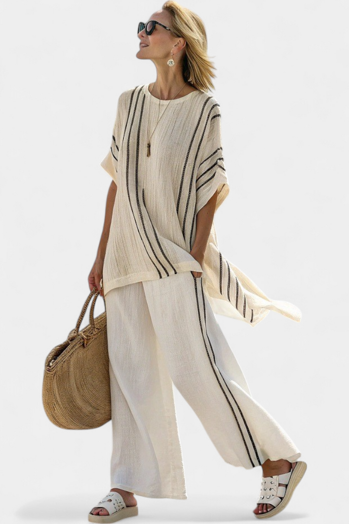 Greysen | Élégante Blouse en Lin Ivoire avec Pantalons Rayés Noirs
