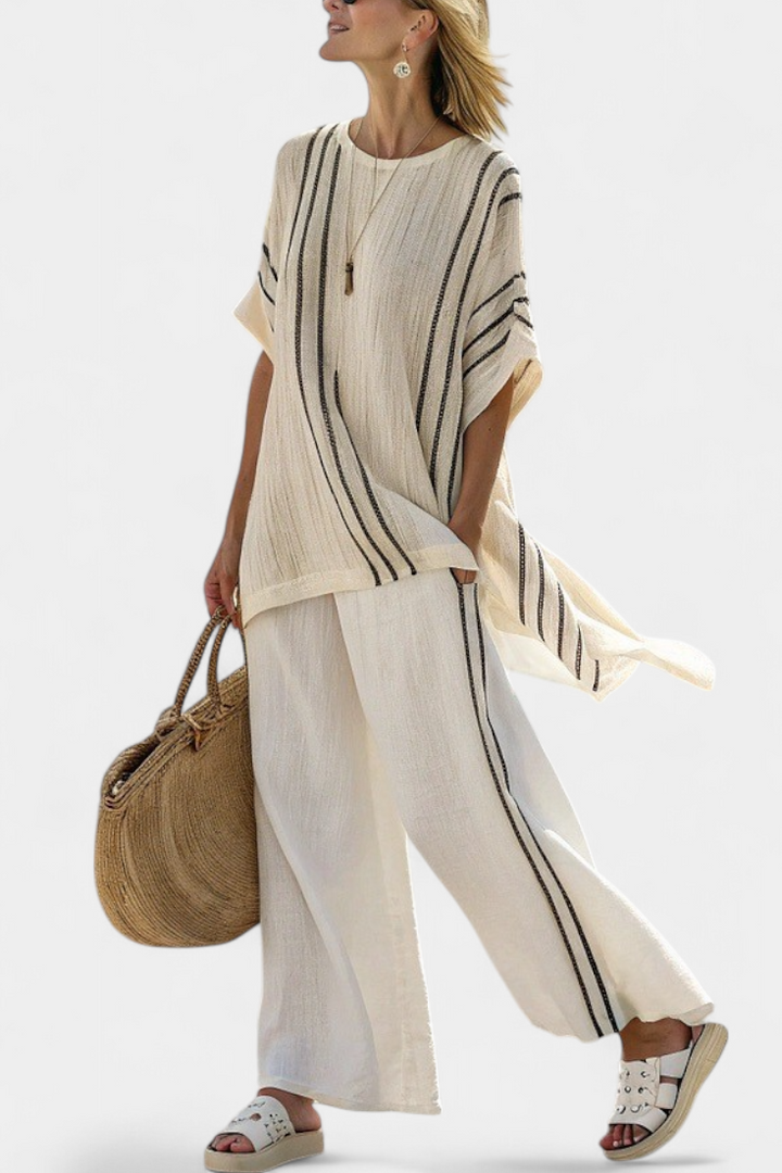 Greysen | Élégante Blouse en Lin Ivoire avec Pantalons Rayés Noirs
