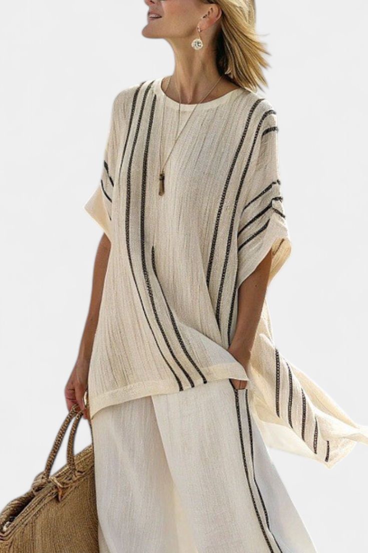 Greysen | Élégante Blouse en Lin Ivoire avec Pantalons Rayés Noirs