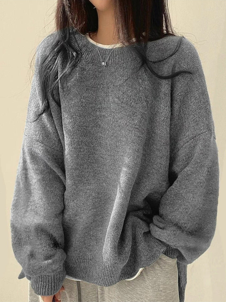 KIARA™ Pull Femme à Col Rond avec Épaules Tombantes et Ourlet Fendu