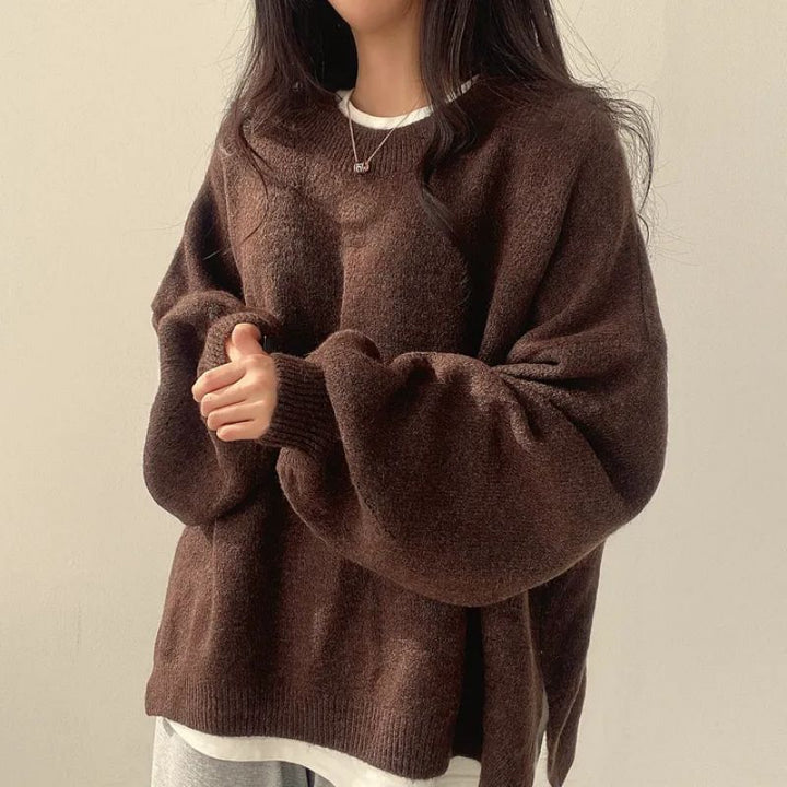 KIARA™ Pull Femme à Col Rond avec Épaules Tombantes et Ourlet Fendu