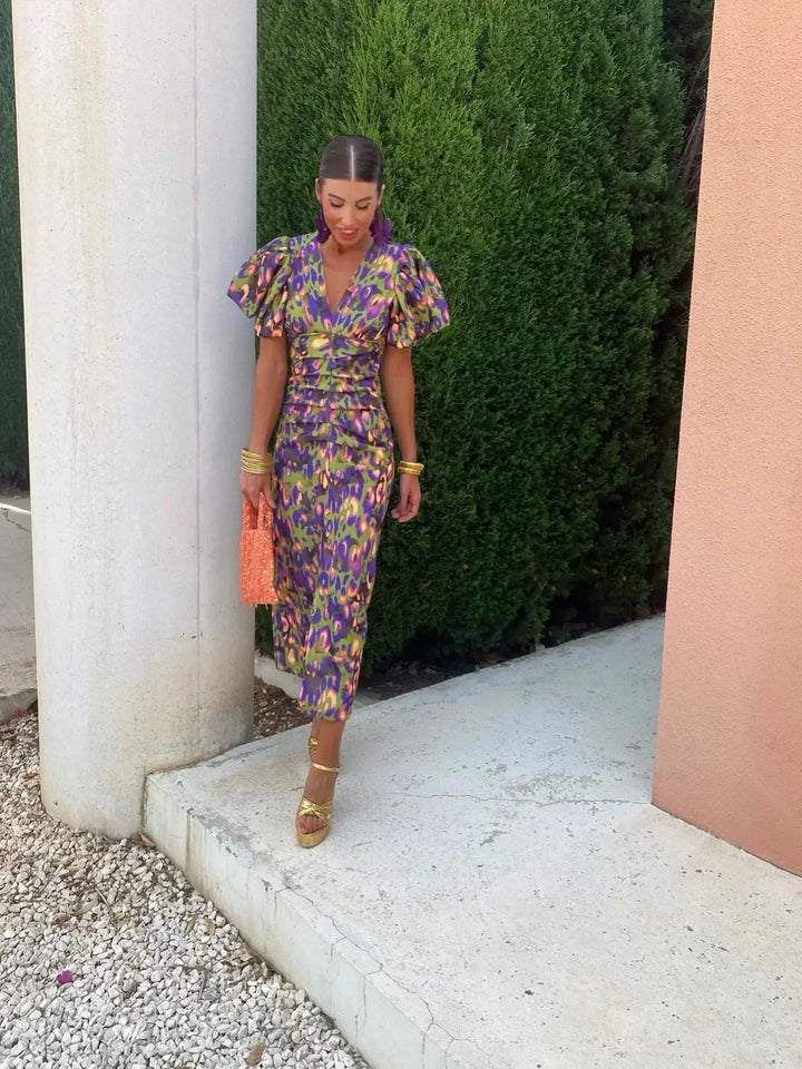 Aurora™ | Robe Midi Éclatante à Manches Bouffantes