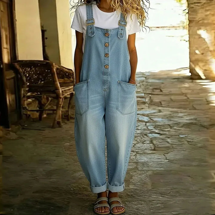 Saylor - Salopette en denim vintage doux avec bretelles ajustables