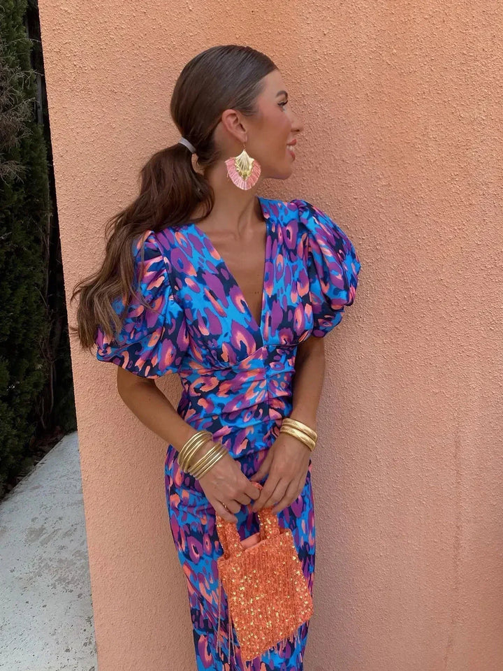 Aurora™ | Robe Midi Éclatante à Manches Bouffantes