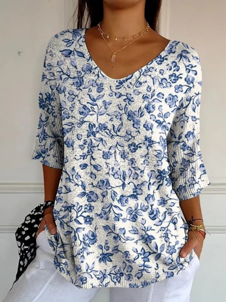 Pull décontracté en tricot avec motif floral bleu pour femmesss