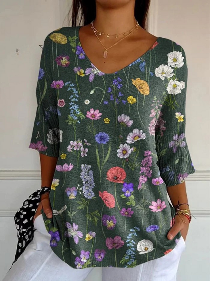 Pull décontracté en tricot avec motif botanique printanier pour femmes