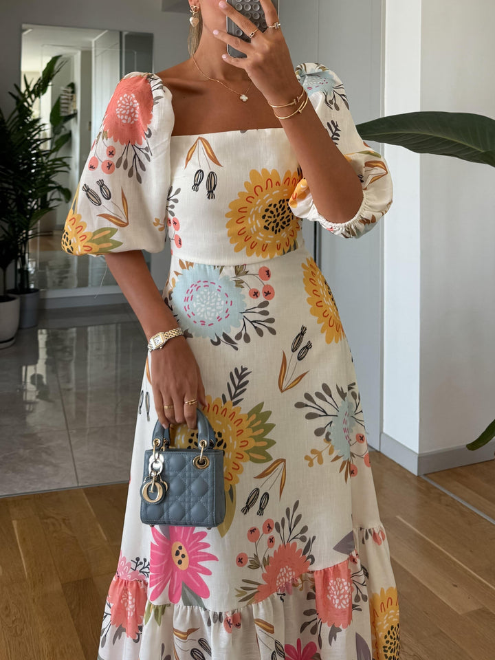 FABLE – ROBE MIDI FLEURIE ROMANTIQUE AVEC MANCHES BALLON