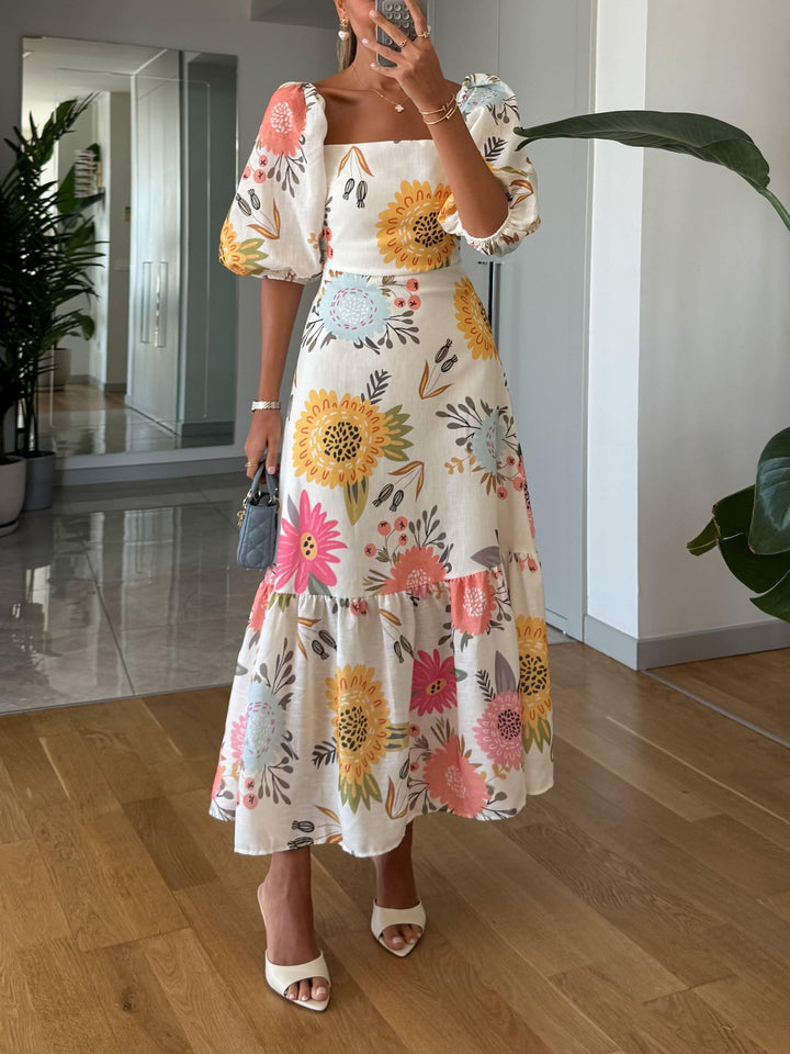 FABLE – ROBE MIDI FLEURIE ROMANTIQUE AVEC MANCHES BALLON