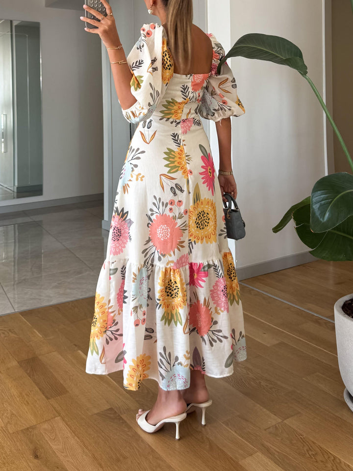 FABLE – ROBE MIDI FLEURIE ROMANTIQUE AVEC MANCHES BALLON