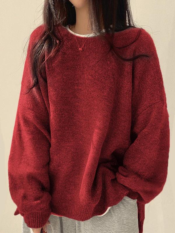 KIARA™ Pull Femme à Col Rond avec Épaules Tombantes et Ourlet Fendu