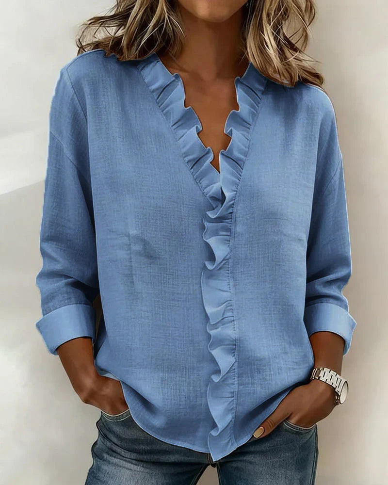 Yvonne | Blouse à Volants avec Col en V et Manches Longues