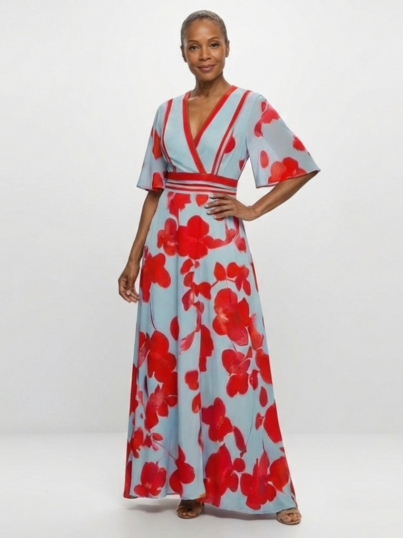 Corinne | Robe Maxi Fleurie à Manches Courtes en V" can be rewritten as:

"Corinne | Robe Maxi à Fleurs avec Manches Courtes en V