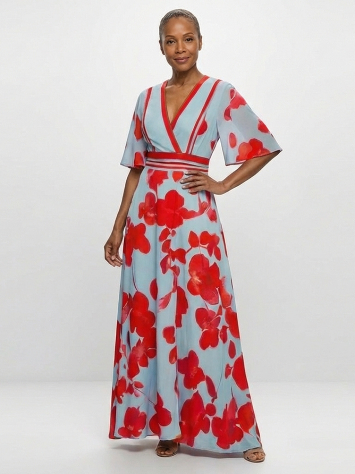 Corinne | Robe Maxi Fleurie à Manches Courtes en V" can be rewritten as:

"Corinne | Robe Maxi à Fleurs avec Manches Courtes en V