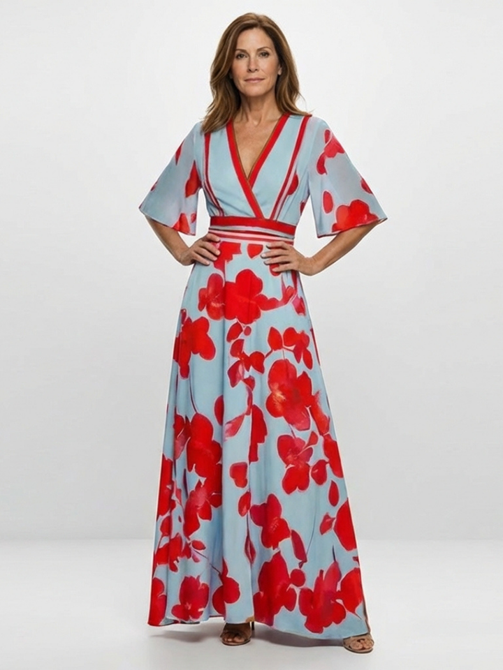 Corinne | Robe Maxi Fleurie à Manches Courtes en V" can be rewritten as:

"Corinne | Robe Maxi à Fleurs avec Manches Courtes en V