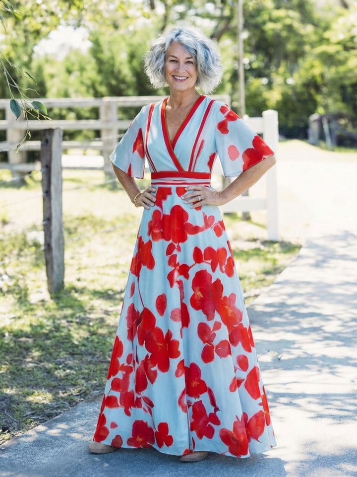 Corinne | Robe Maxi Fleurie à Manches Courtes en V" can be rewritten as:

"Corinne | Robe Maxi à Fleurs avec Manches Courtes en V
