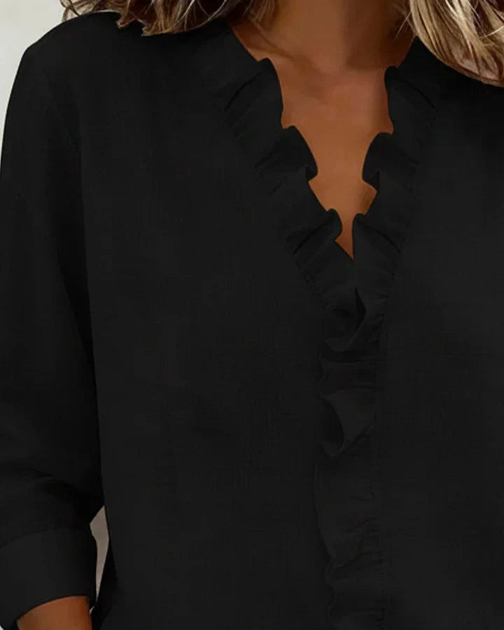 Yvonne | Blouse à Volants avec Col en V et Manches Longues
