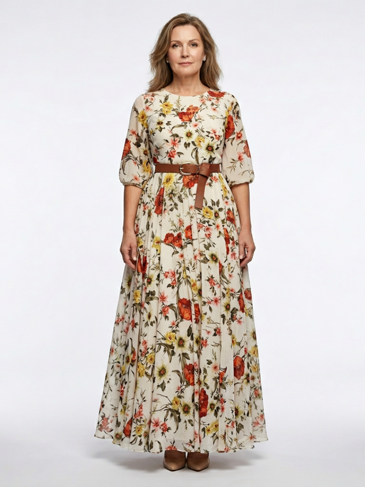 Odelia | Robe Maxi à Encolure Ronde et Manches 3/4 avec Ceinture