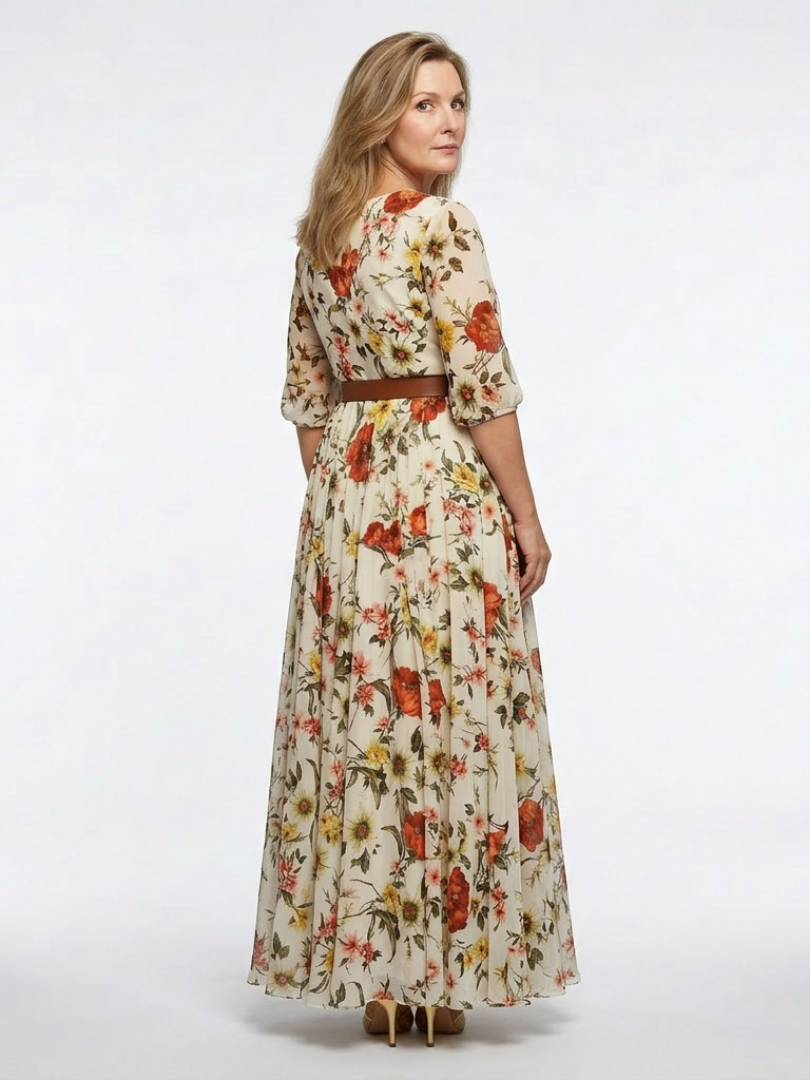 Odelia | Robe Maxi à Encolure Ronde et Manches 3/4 avec Ceinture