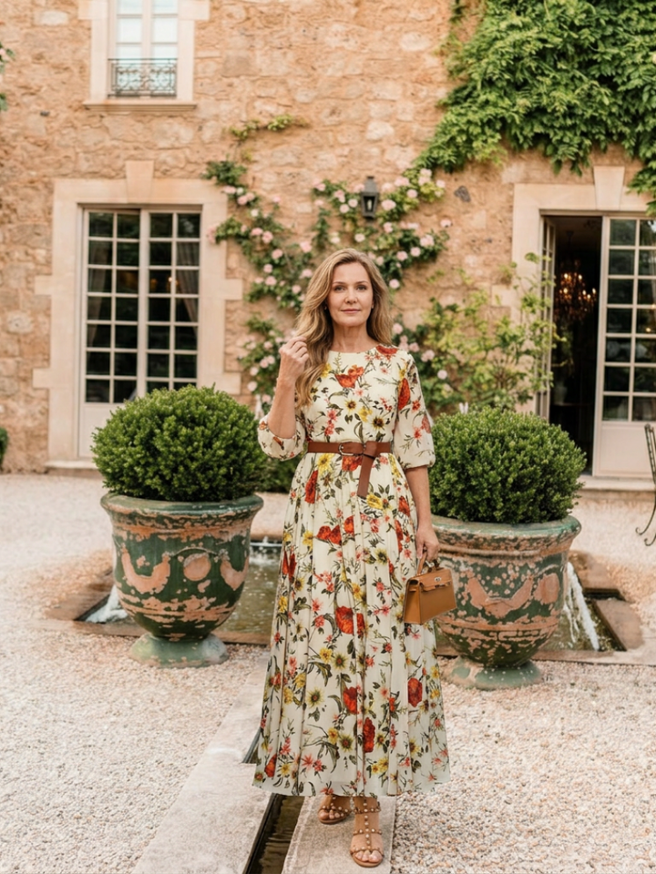 Odelia | Robe Maxi à Encolure Ronde et Manches 3/4 avec Ceinture