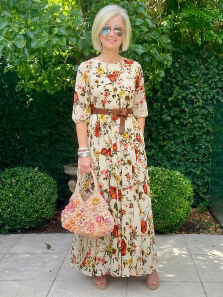 Odelia | Robe Maxi à Encolure Ronde et Manches 3/4 avec Ceinture