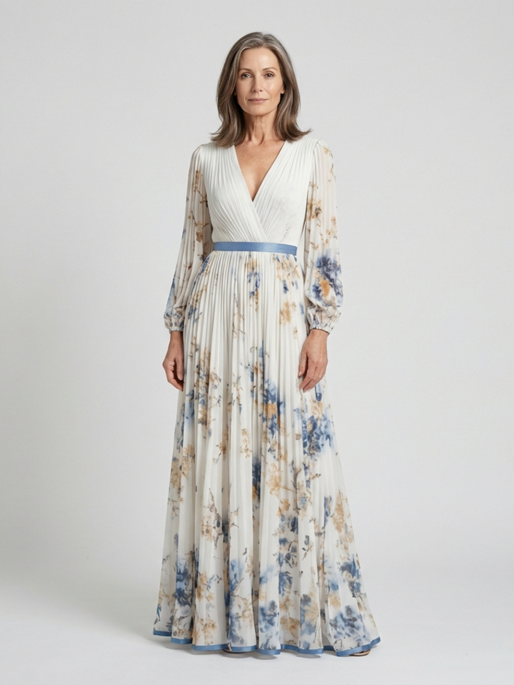Lavinia | Robe Maxi à Manches Longues en V avec Motif Floral