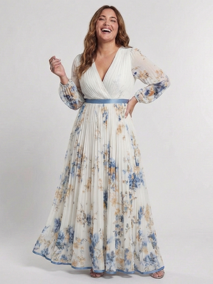 Lavinia | Robe Maxi à Manches Longues en V avec Motif Floral