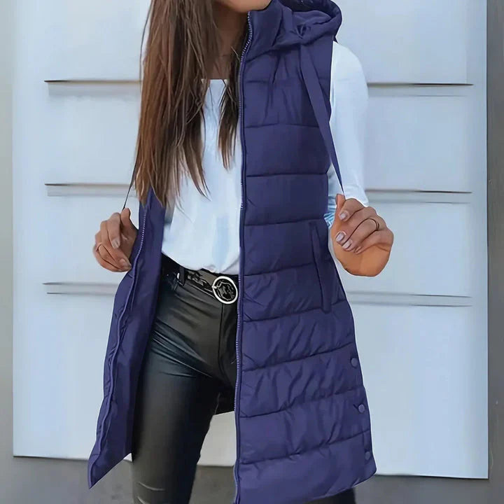 RAIN - Long Hooded Down Vest without Sleeves