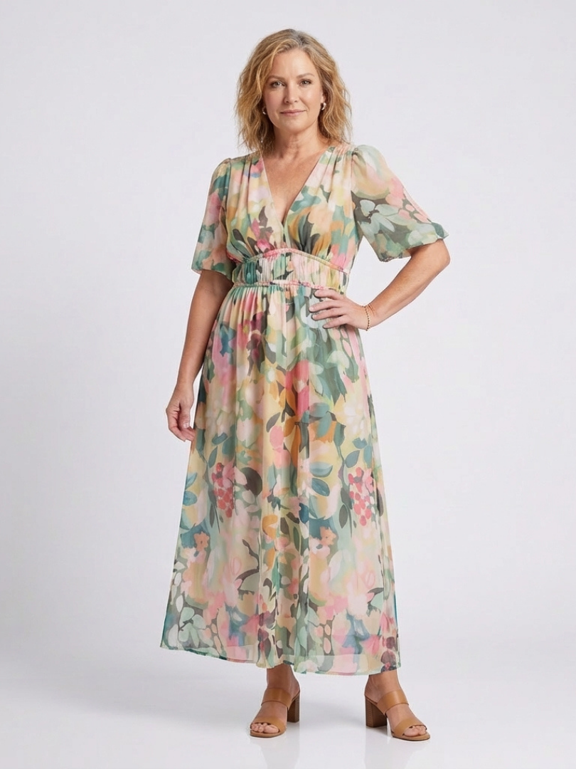 Eulalie | Robe Midi à Manches Courtes avec Taille Cintrée en V