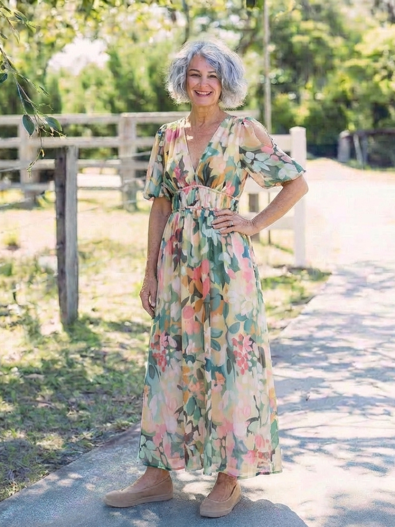 Eulalie | Robe Midi à Manches Courtes avec Taille Cintrée en V