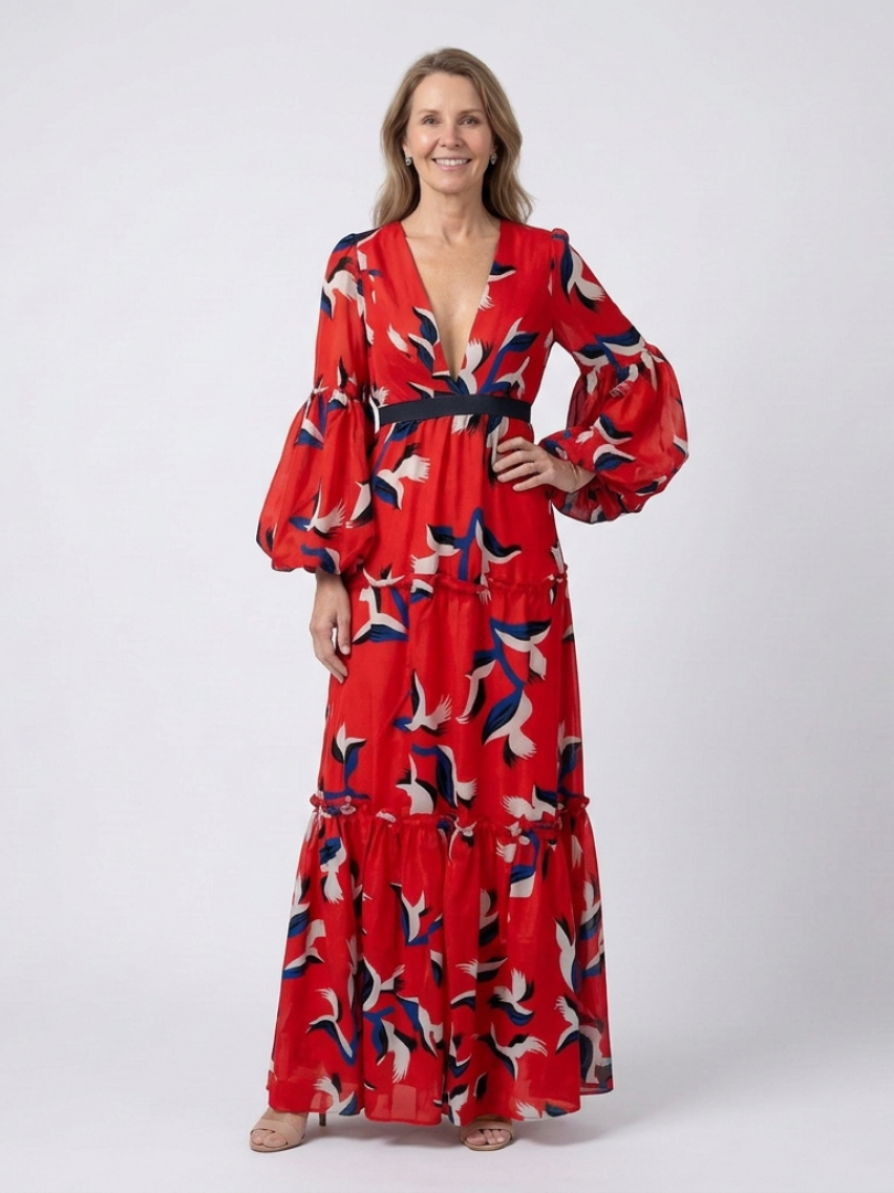 Isolde | Robe maxi à manches longues avec ceinture nouée en V