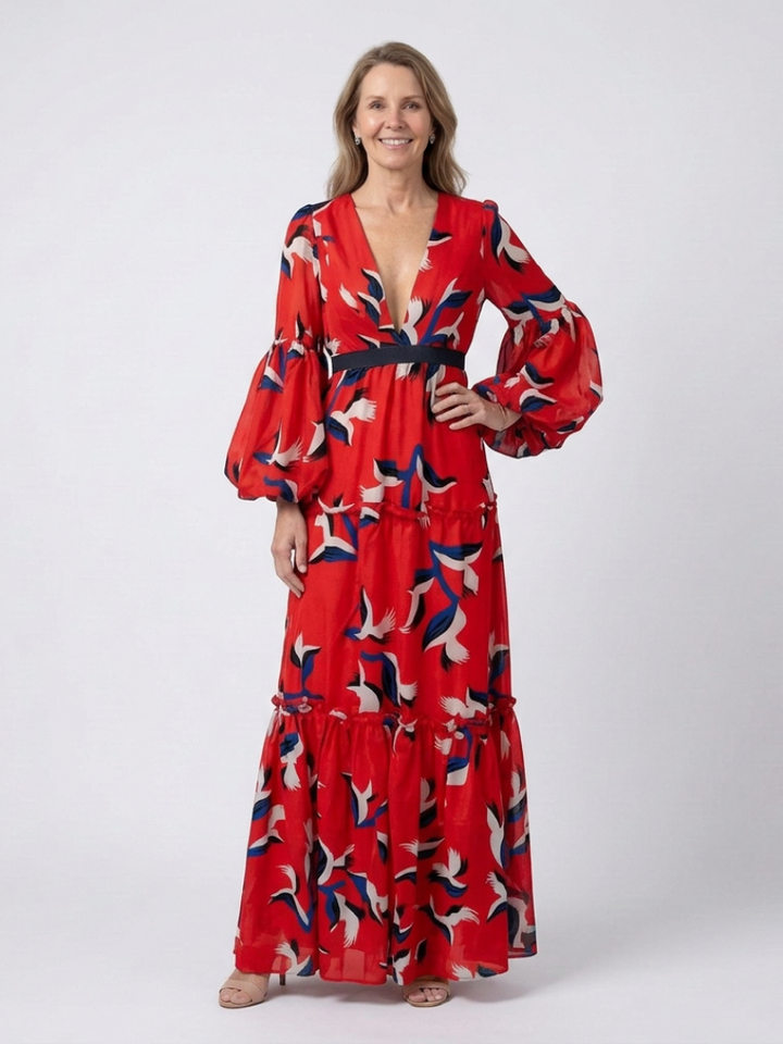 Isolde | Robe maxi à manches longues avec ceinture nouée en V