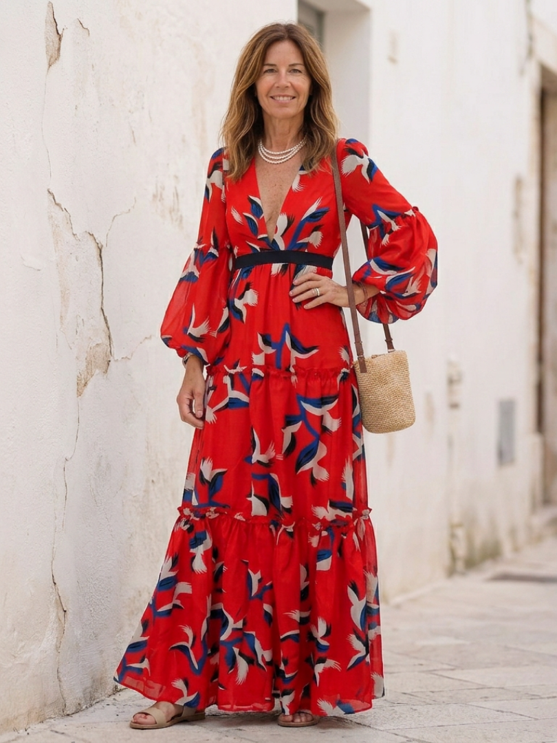 Isolde | Robe maxi à manches longues avec ceinture nouée en V