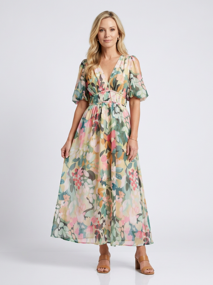 Eulalie | Robe Midi à Manches Courtes avec Taille Cintrée en V