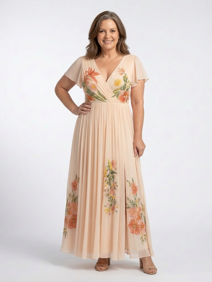 Calista | Robe maxi plissée à fleurs avec col en V et manches courtes