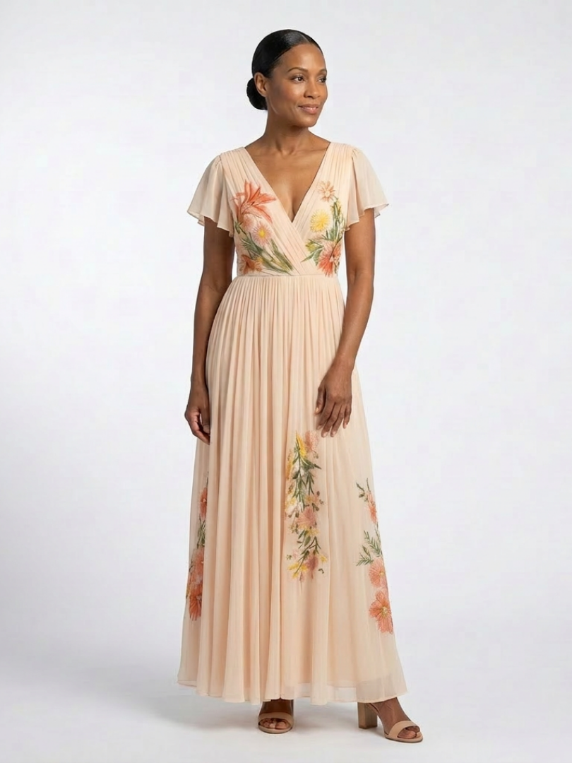 Calista | Robe maxi plissée à fleurs avec col en V et manches courtes