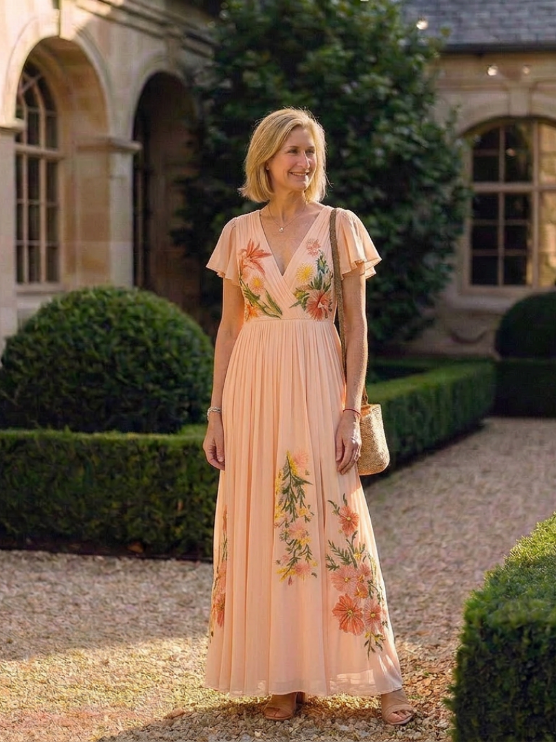 Calista | Robe maxi plissée à fleurs avec col en V et manches courtes