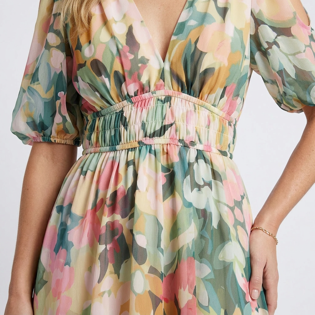 Eulalie | Robe Midi à Manches Courtes avec Taille Cintrée en V