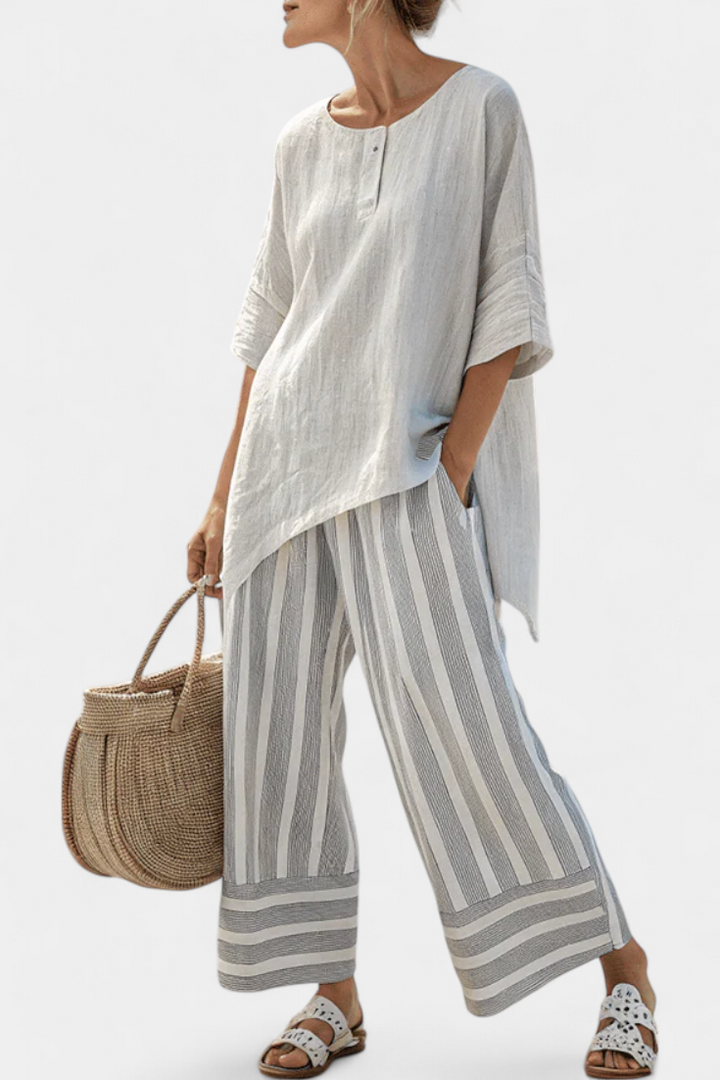 Talvora | Élégante Blouse Asymétrique et Pantalons Rayés