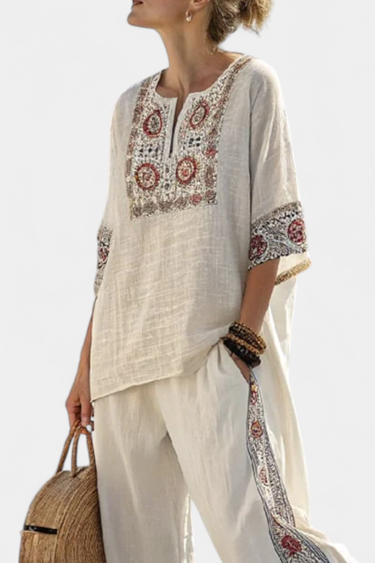 Tameric | Sophisticated Embroidered Blouse & Wide-Leg Trousers