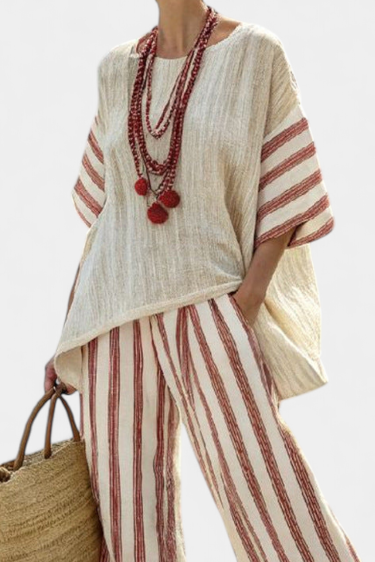 Braelith | Élégant Haut Rayé Rustique et Pantalon en Lin Crème