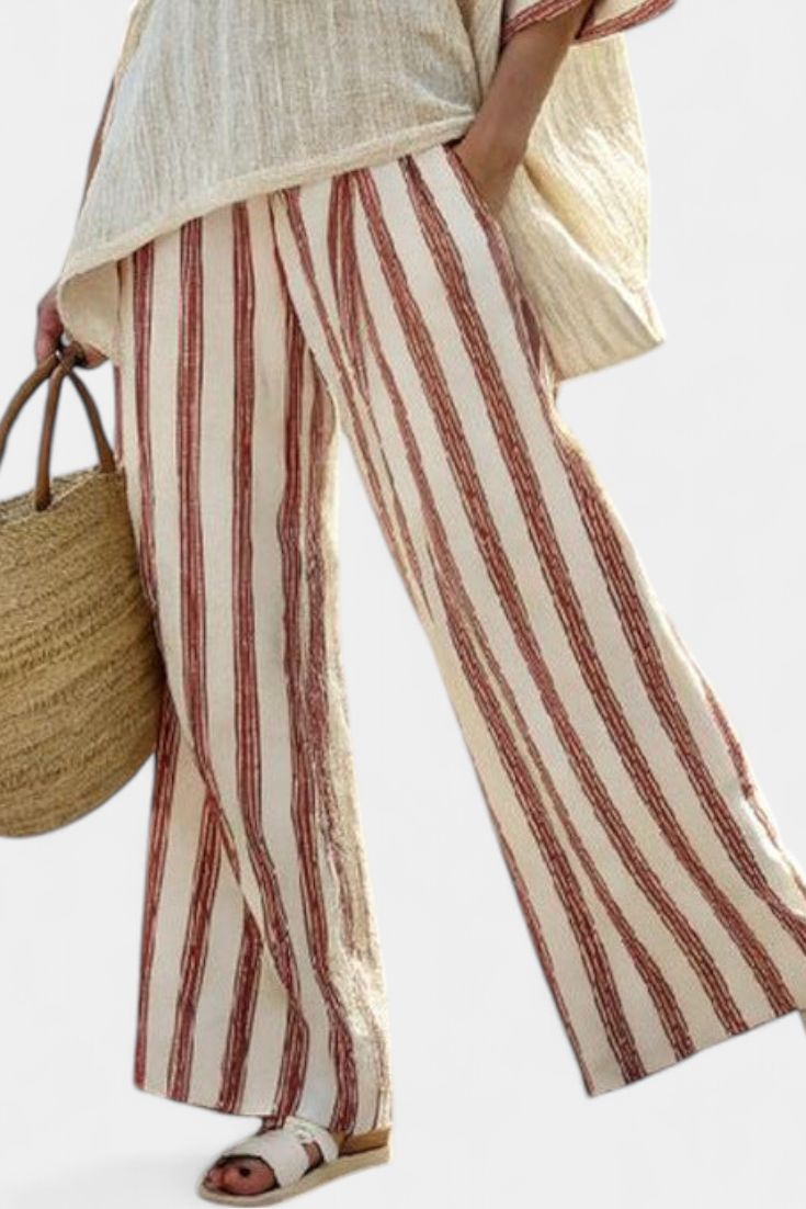 Braelith | Élégant Haut Rayé Rustique et Pantalon en Lin Crème