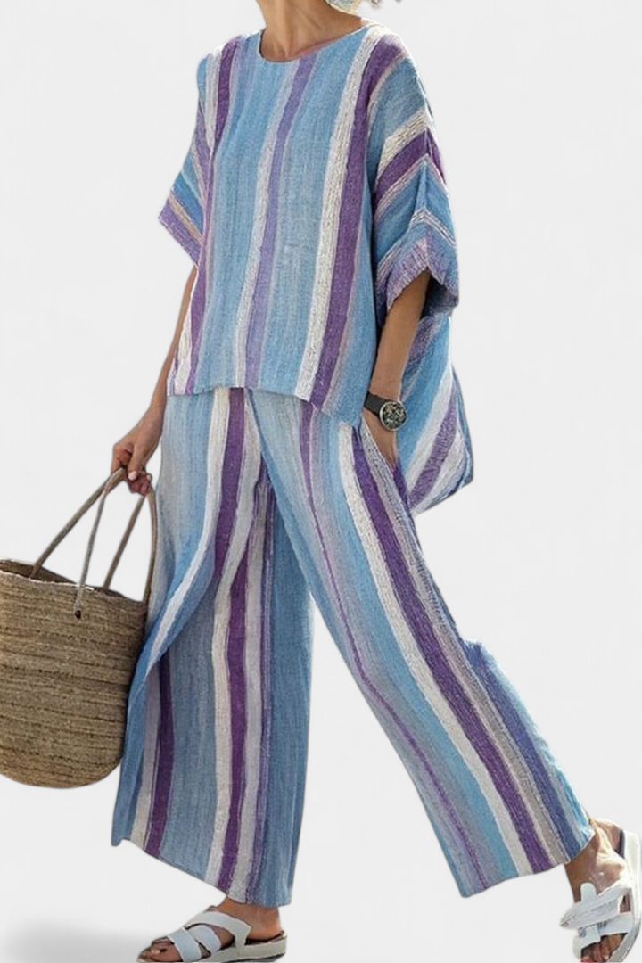 Faelith | Élégante Haut Pastel Mauve et Pantalons Rayés en Lin