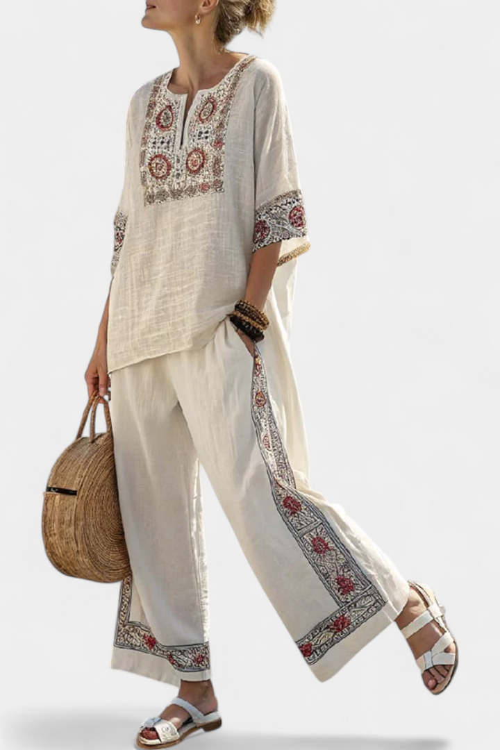 Tameric | Sophisticated Embroidered Blouse & Wide-Leg Trousers