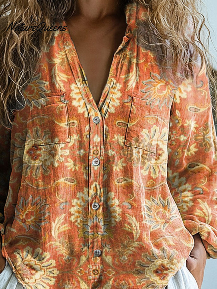 Melanie | Chemise en coton doux à manches longues avec motif floral vintage pour femmes
