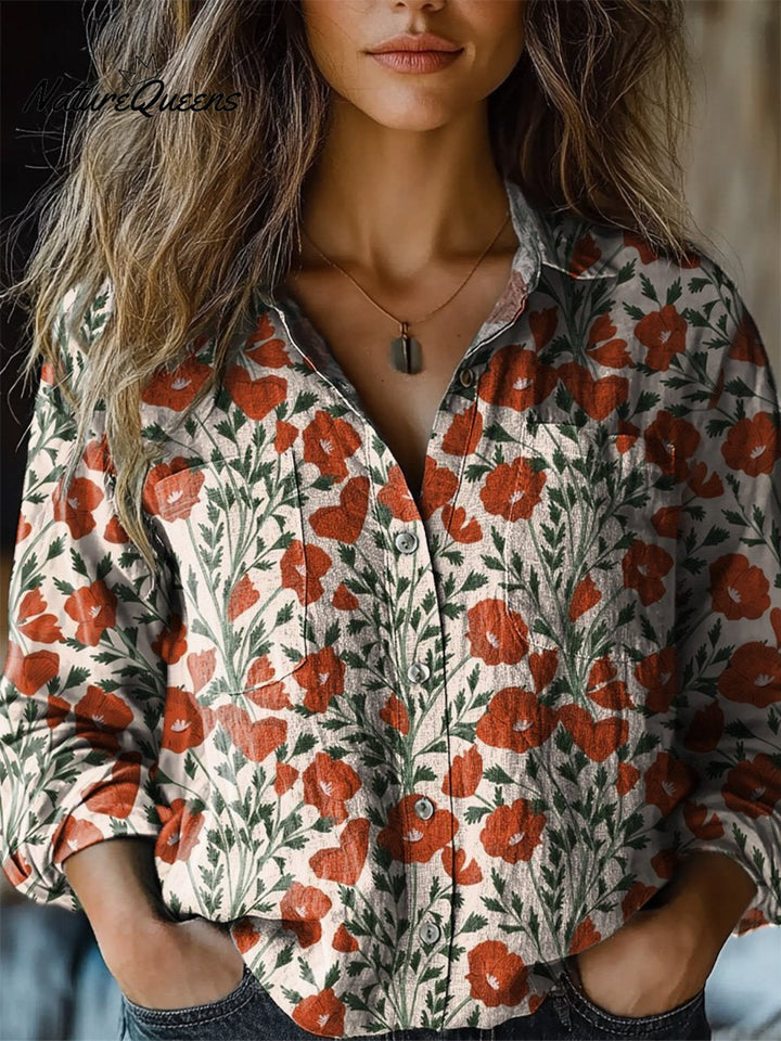 Martha | Chemise en coton doux à manches longues avec motif floral de pavot d'été