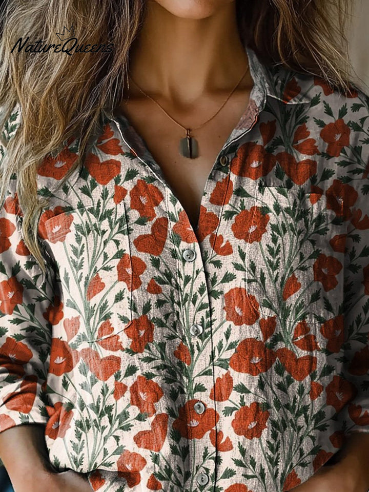 Martha | Chemise en coton doux à manches longues avec motif floral de pavot d'été
