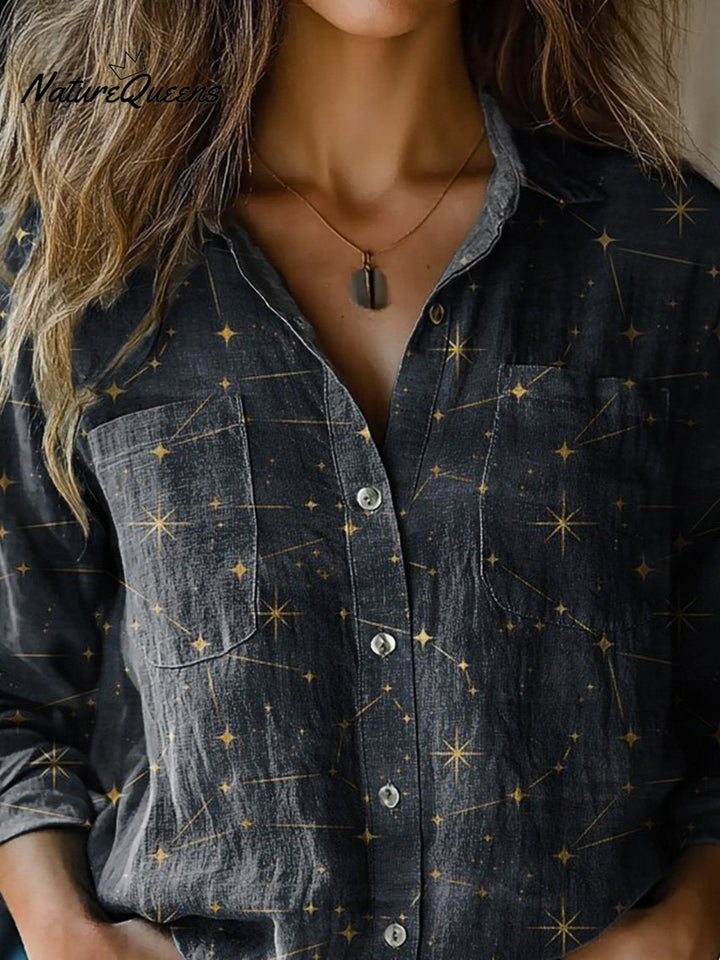 Chloe | Chemise en coton doux à manches longues pour femmes, ornée d'un motif de ciel nocturne et d'étoiles
