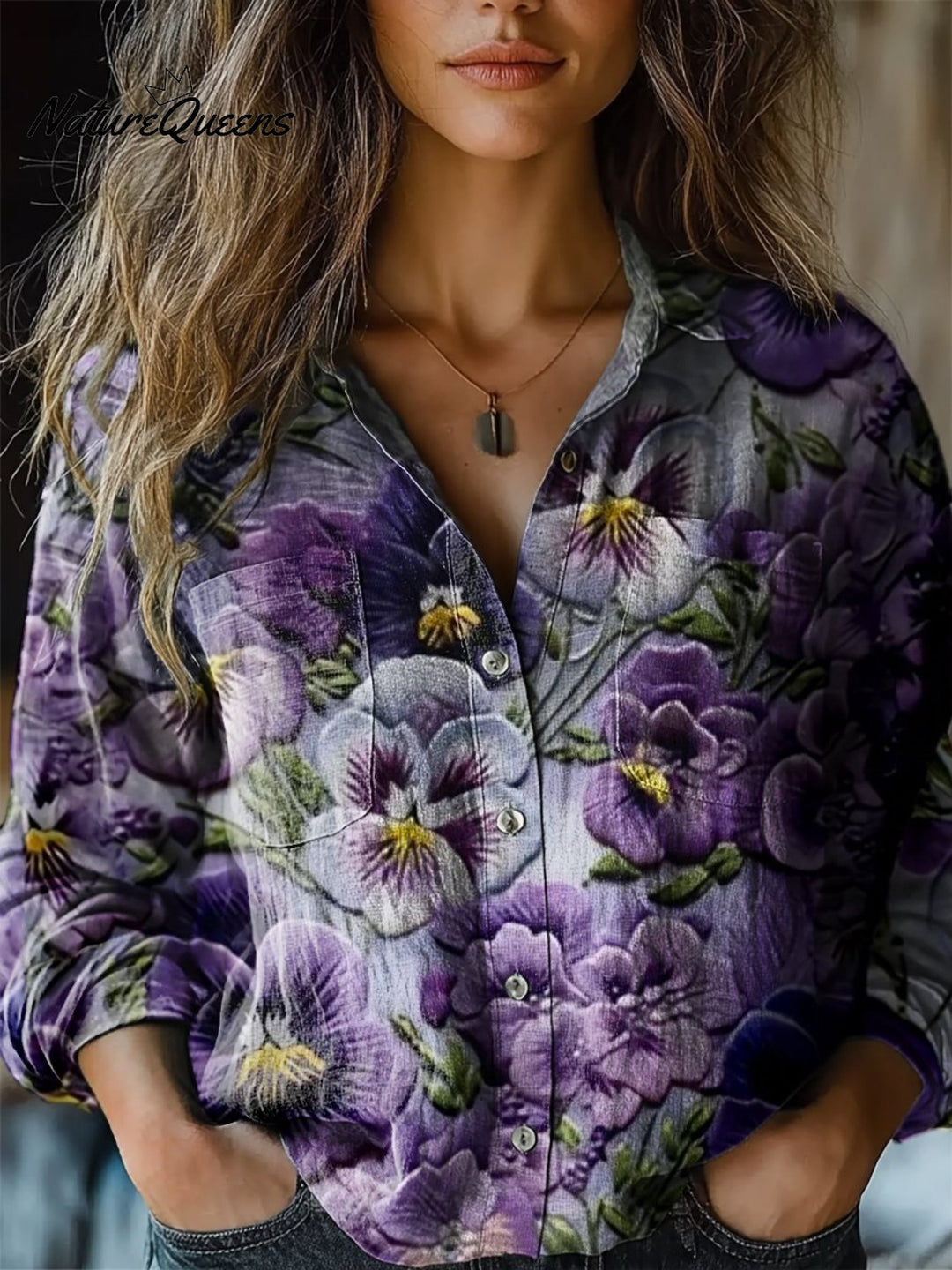 Stephanie | Chemise en Coton Doux à Manches Longues avec Motif de Fleurs Violettes